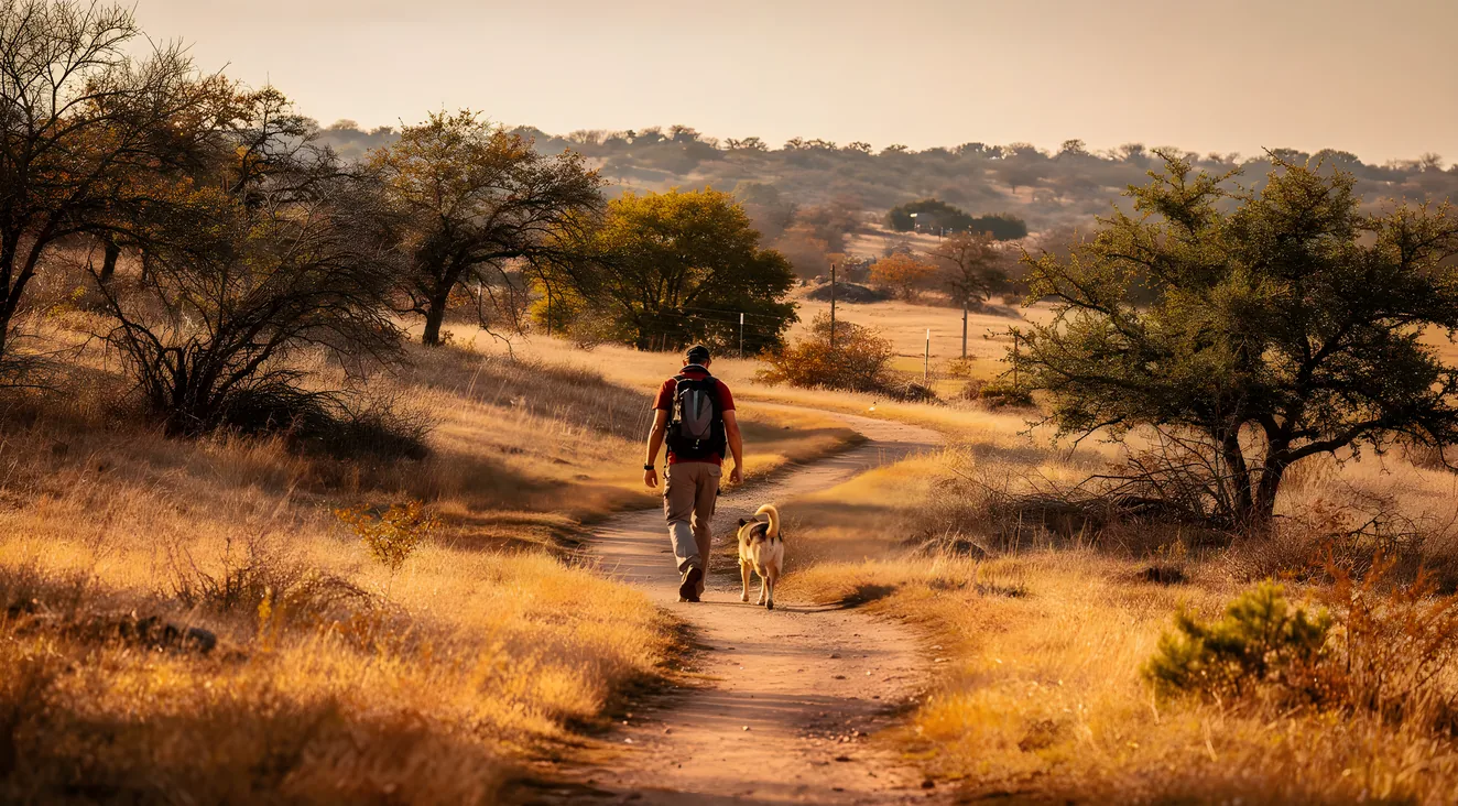 Person and dog walking on a nature trail in North Texas