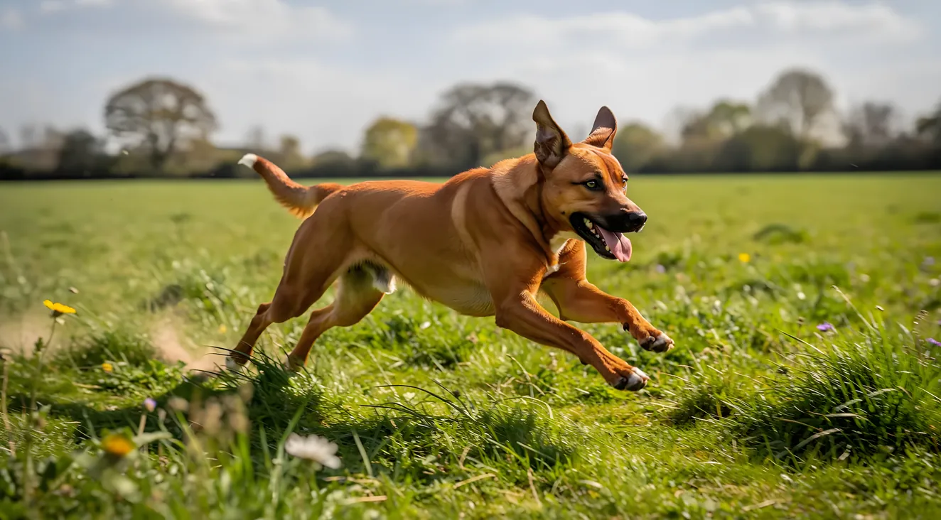 Active dog running through an open field