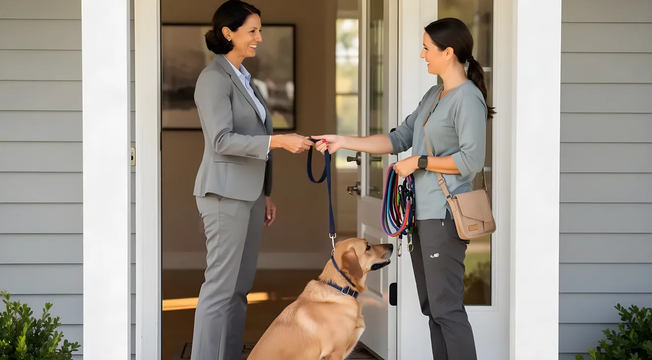 Professional person handing leash to a dog walker