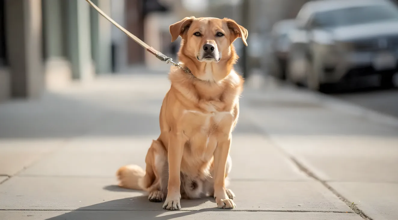 Well-behaved dog sitting calmly on a sidewalk