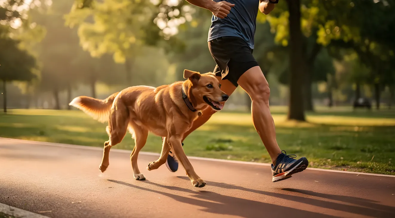 Fit dog trotting alongside owner on a jogging path