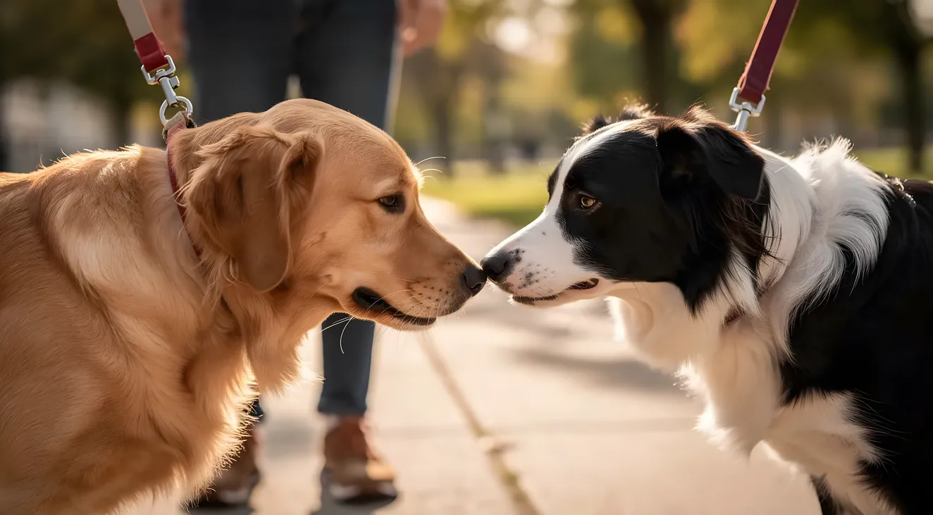 Two dogs meeting nose to nose during a walk