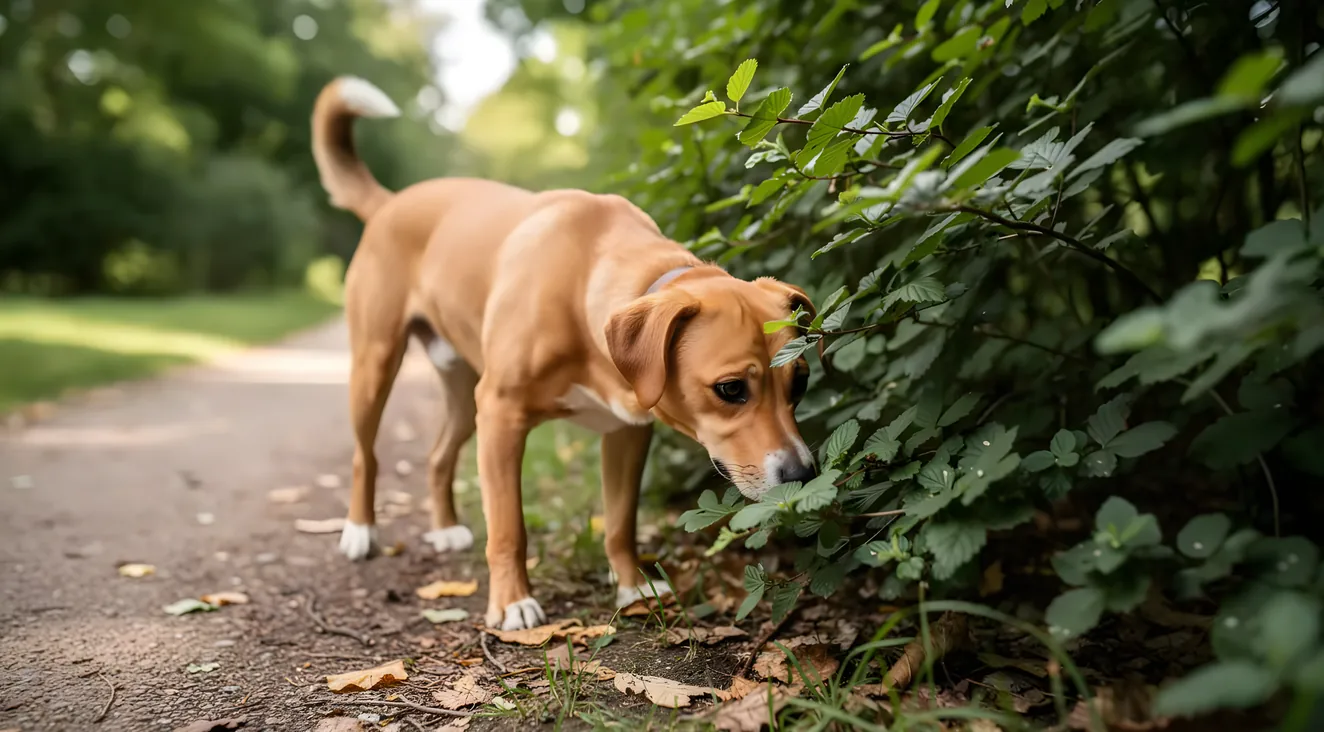 Dog sniffing and exploring bushes during a walk