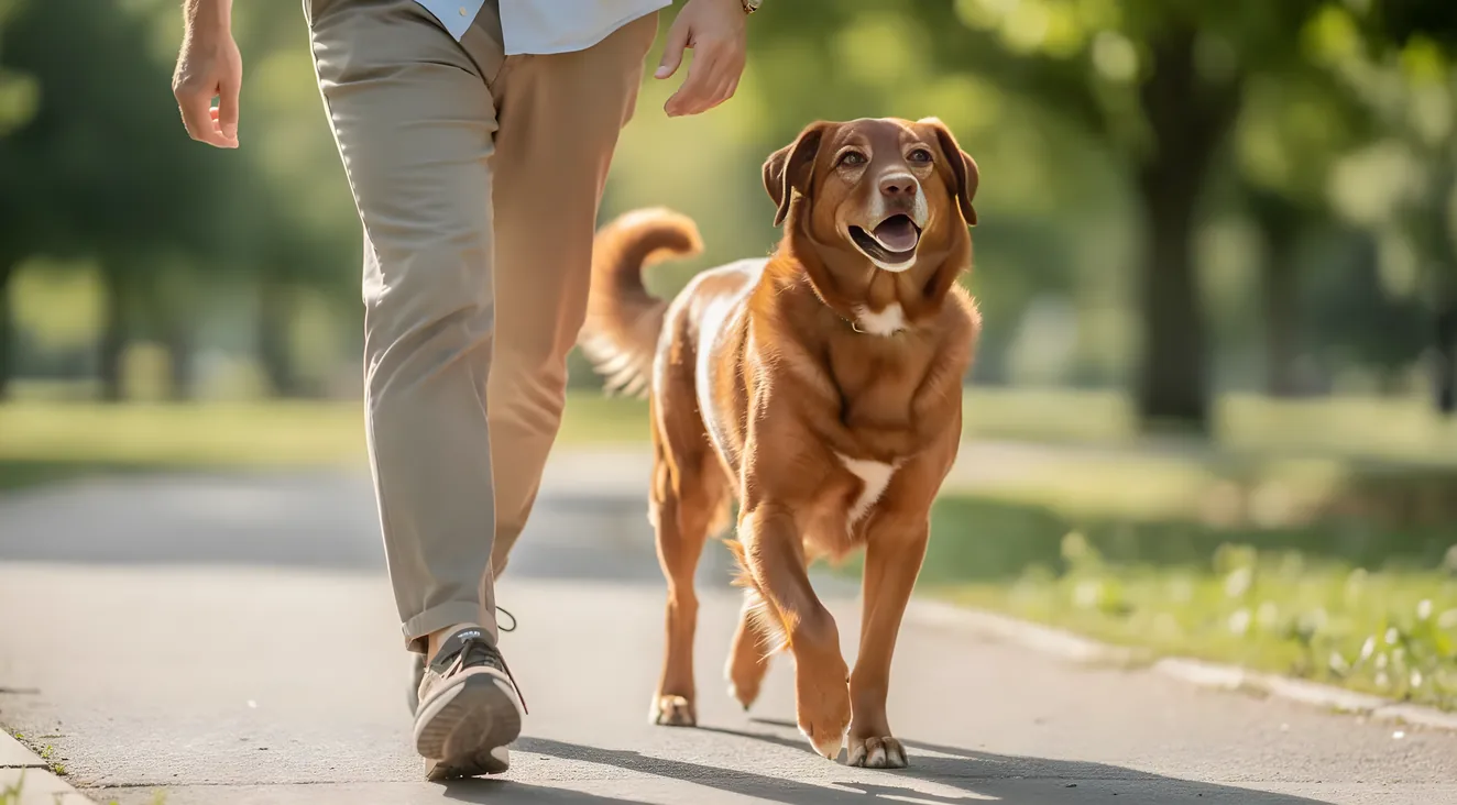 Healthy dog walking happily on a path