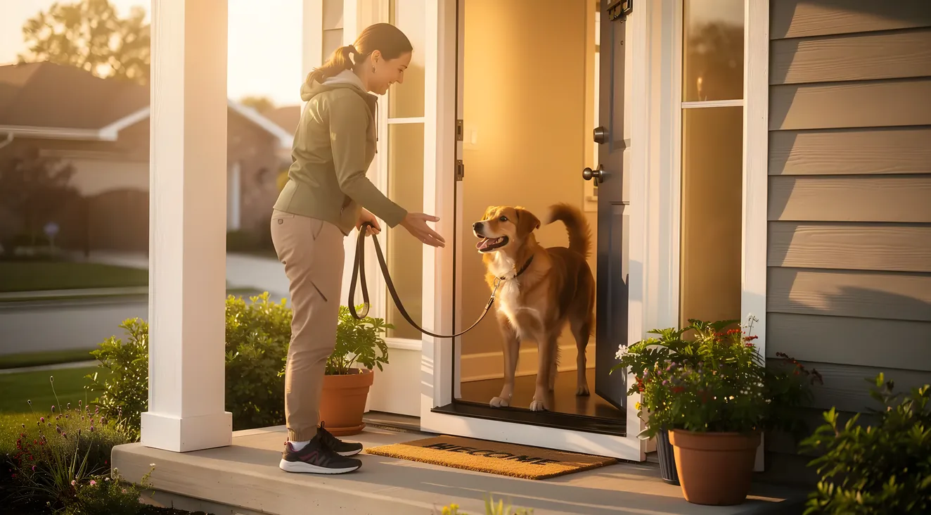 Dog walker greeting a happy dog at the front door