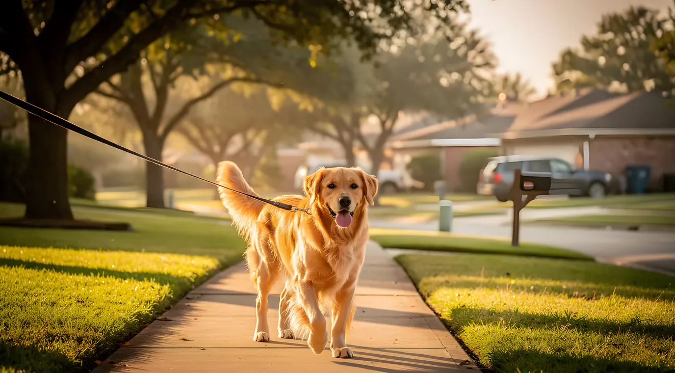 Dog being walked through a tree-lined neighborhood in Melissa Texas