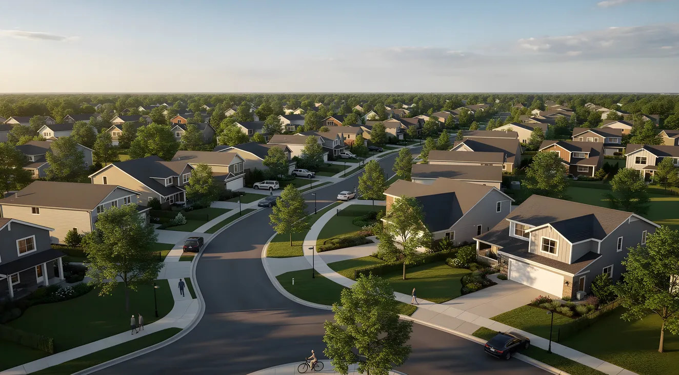Residential subdivision with tree-lined walking paths