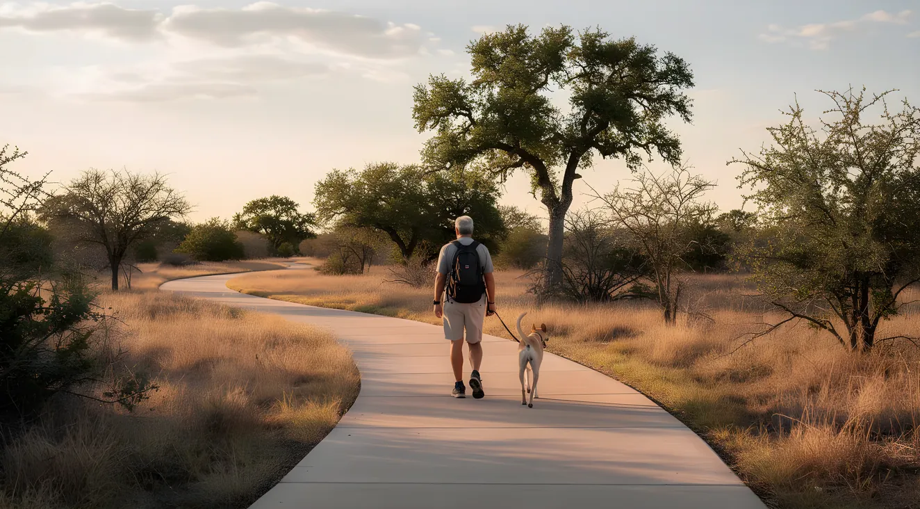 Paved walking trail through Texas landscape with a dog walker