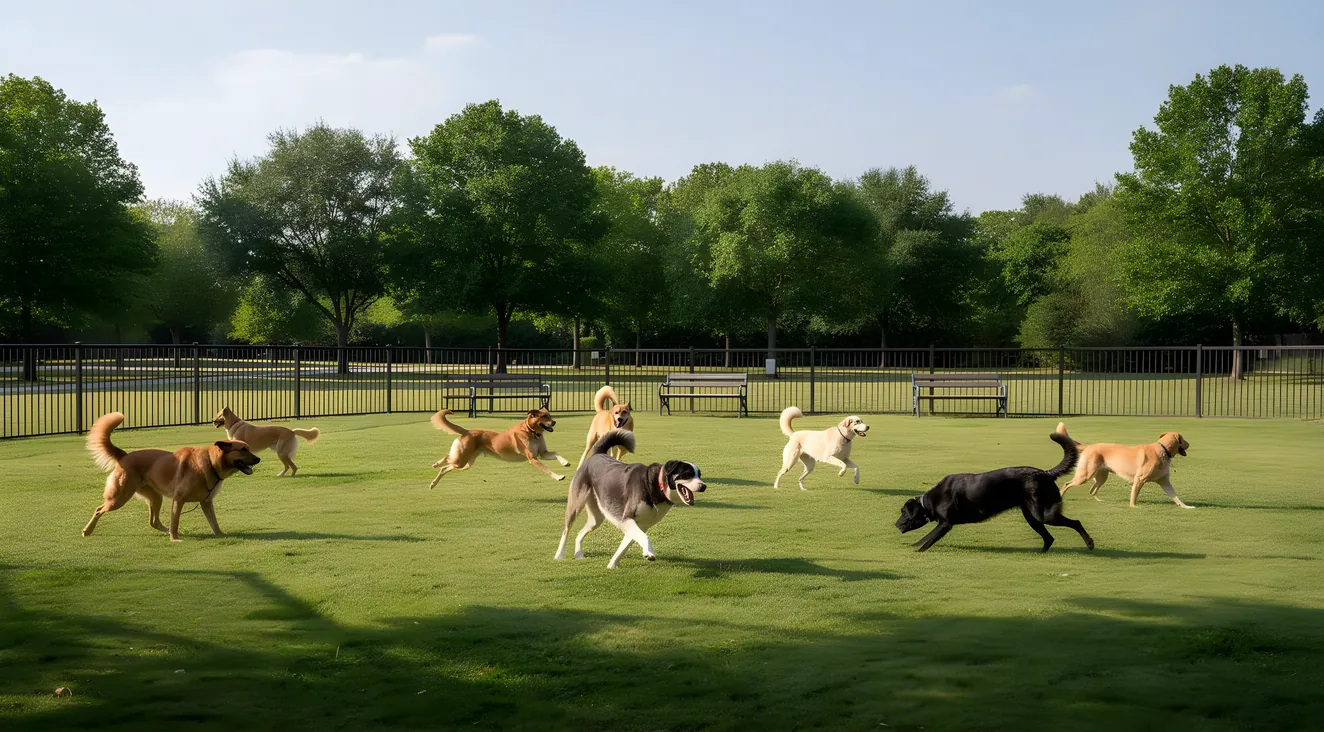 Dogs playing in a fenced park area with trees