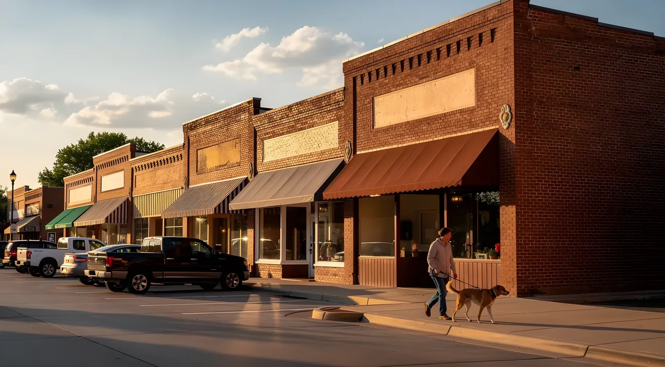 Person walking dog on a small town Texas downtown sidewalk