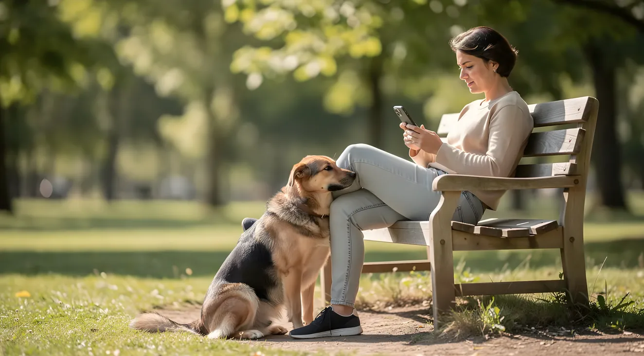Person reading on phone with dog sitting beside them