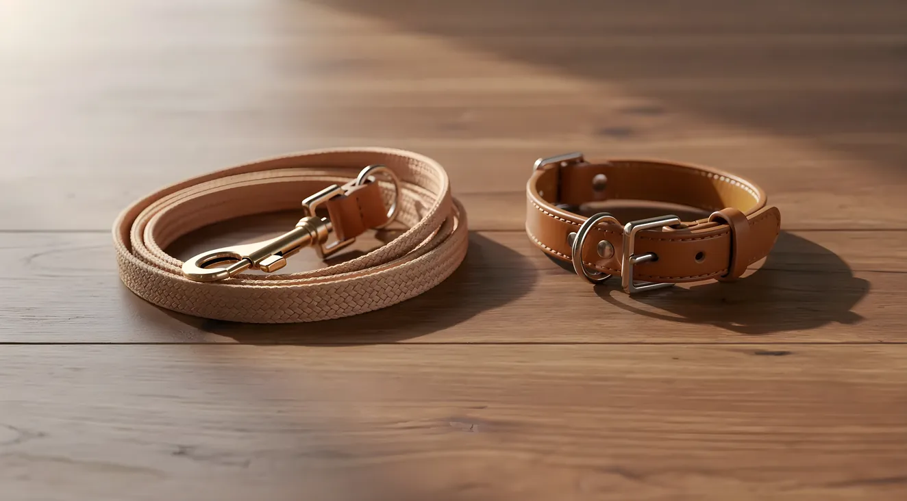 Dog leash and collar on a wooden table