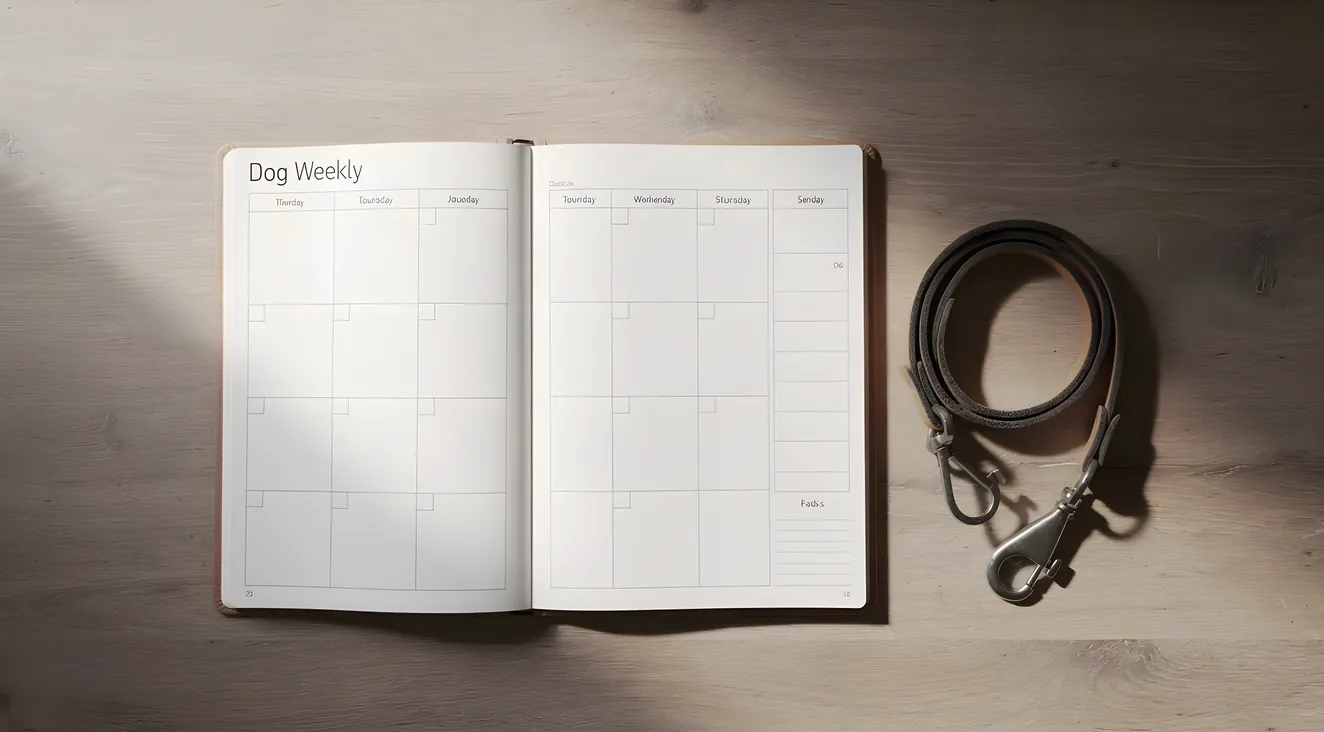 Weekly planner with dog leash on table