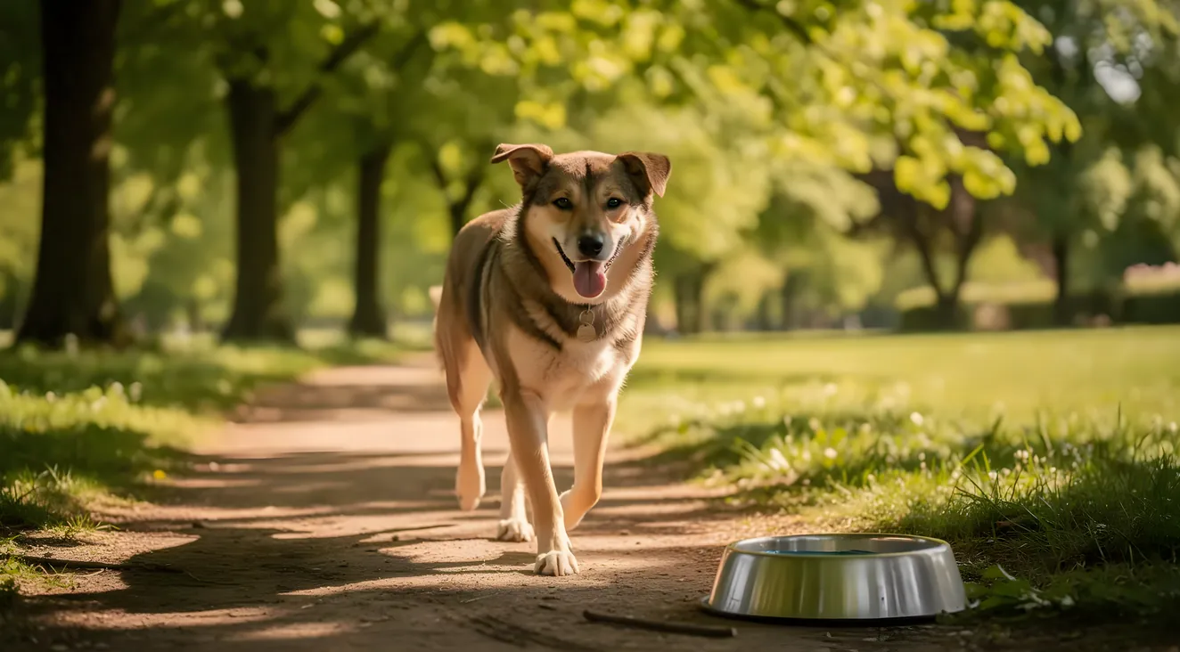 Dog walking on a shaded path during warm weather