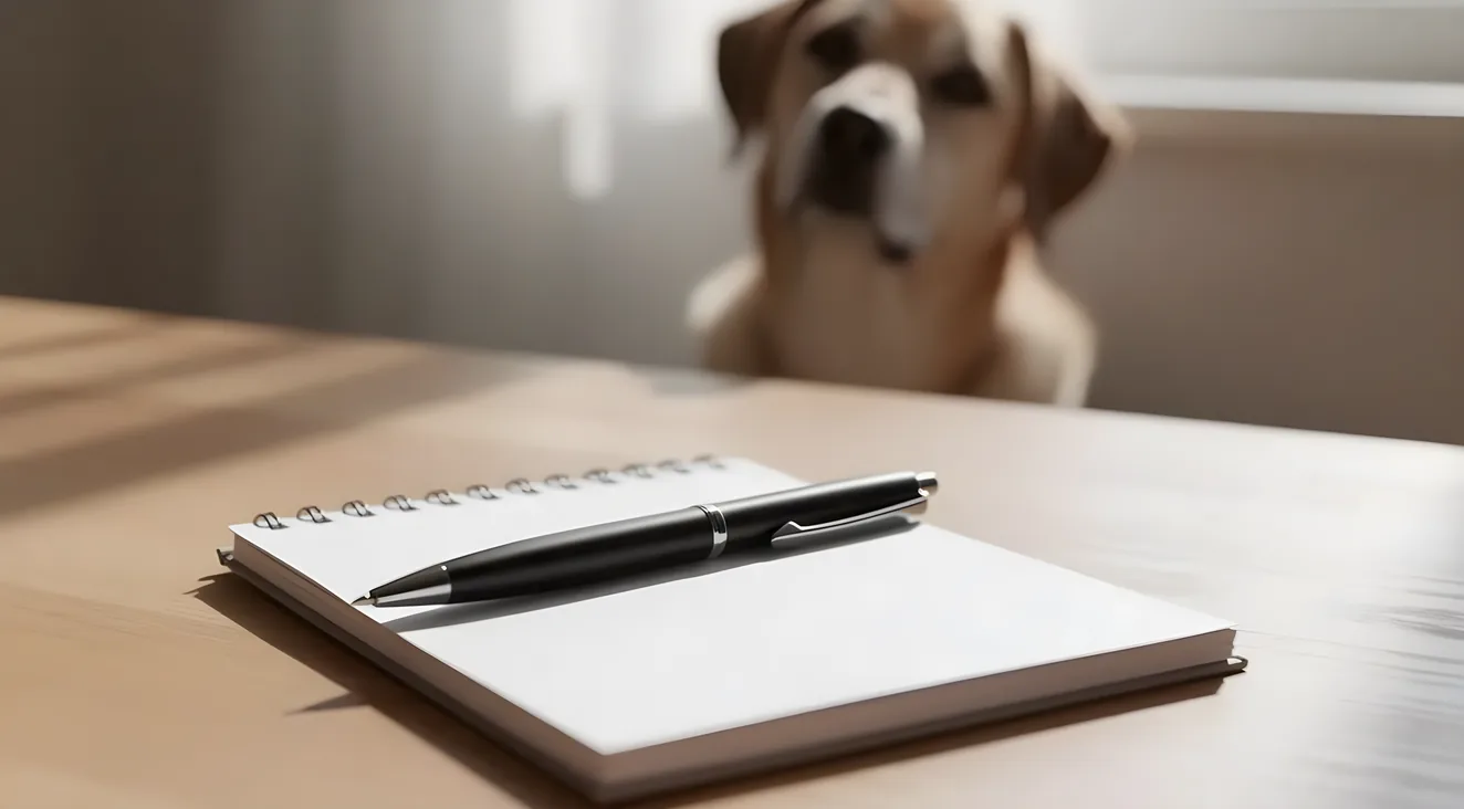 Notepad with pen and dog in background