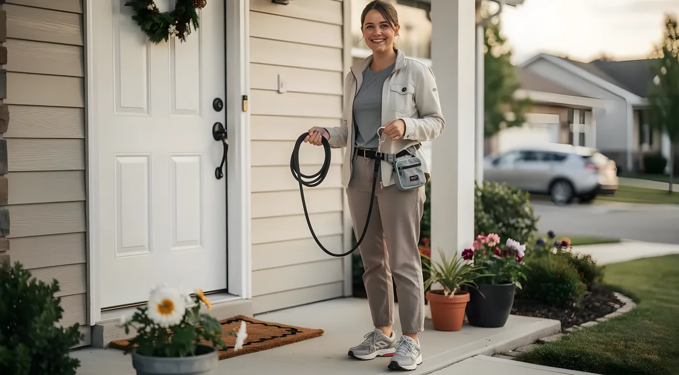 Dog walker arriving at a home with leash ready