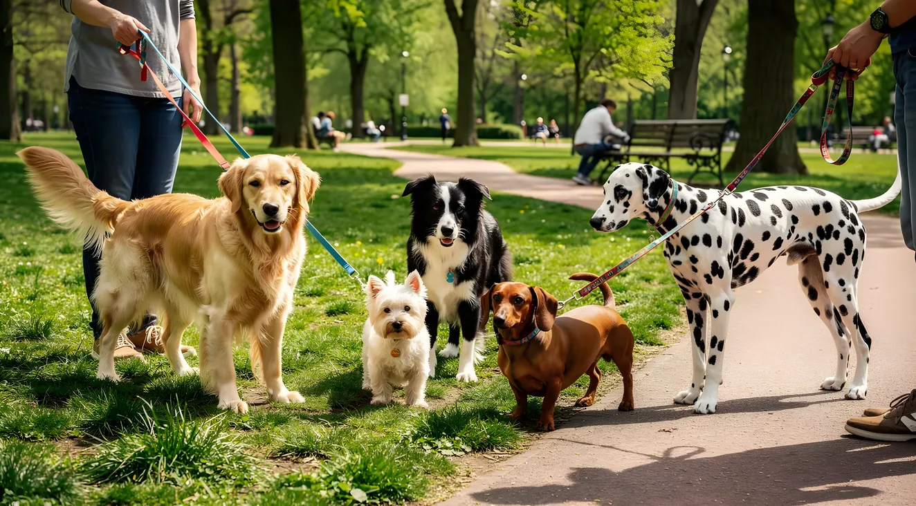 Multiple dogs of different breeds being walked in a park