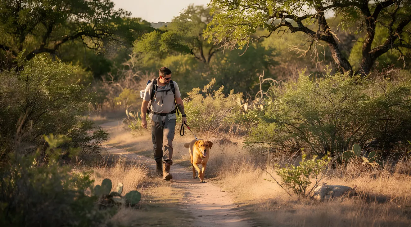 Dog and handler hiking on a trail through Texas landscape