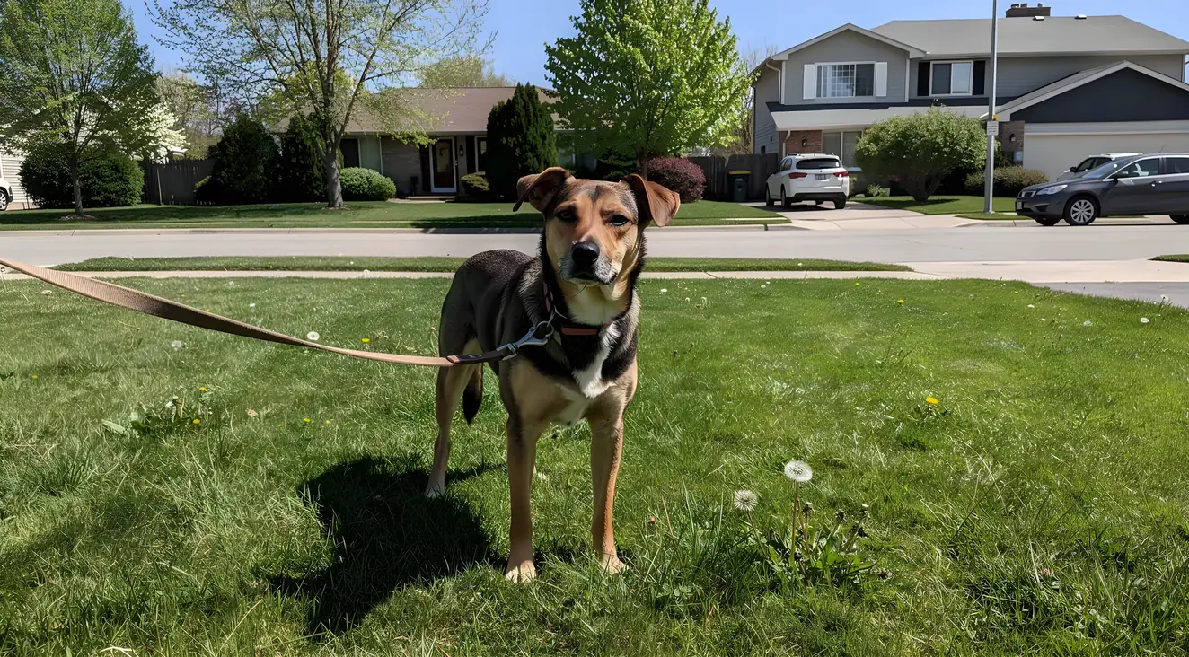 Dog on leash near a suburban yard during midday
