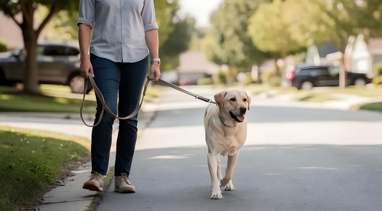 Professional dog walker with a labrador on a residential street
