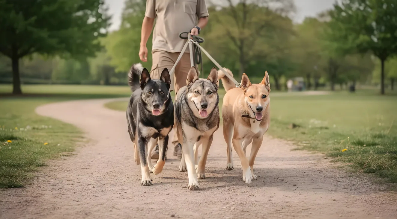 Group of dogs walking together with a handler