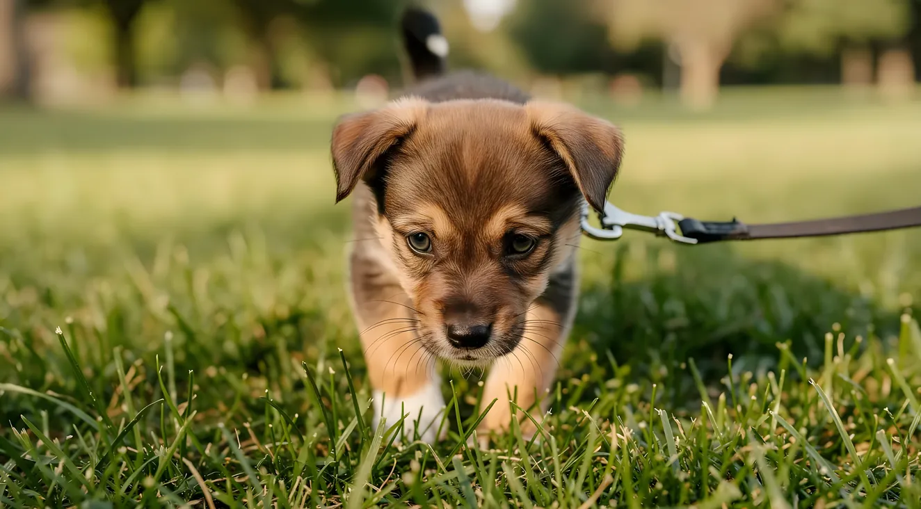 Small puppy walking through green grass
