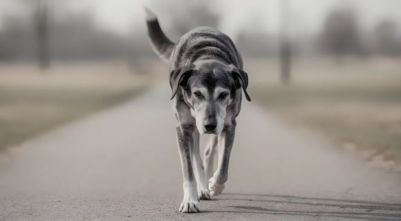 Older dog walking at a gentle pace on a flat path