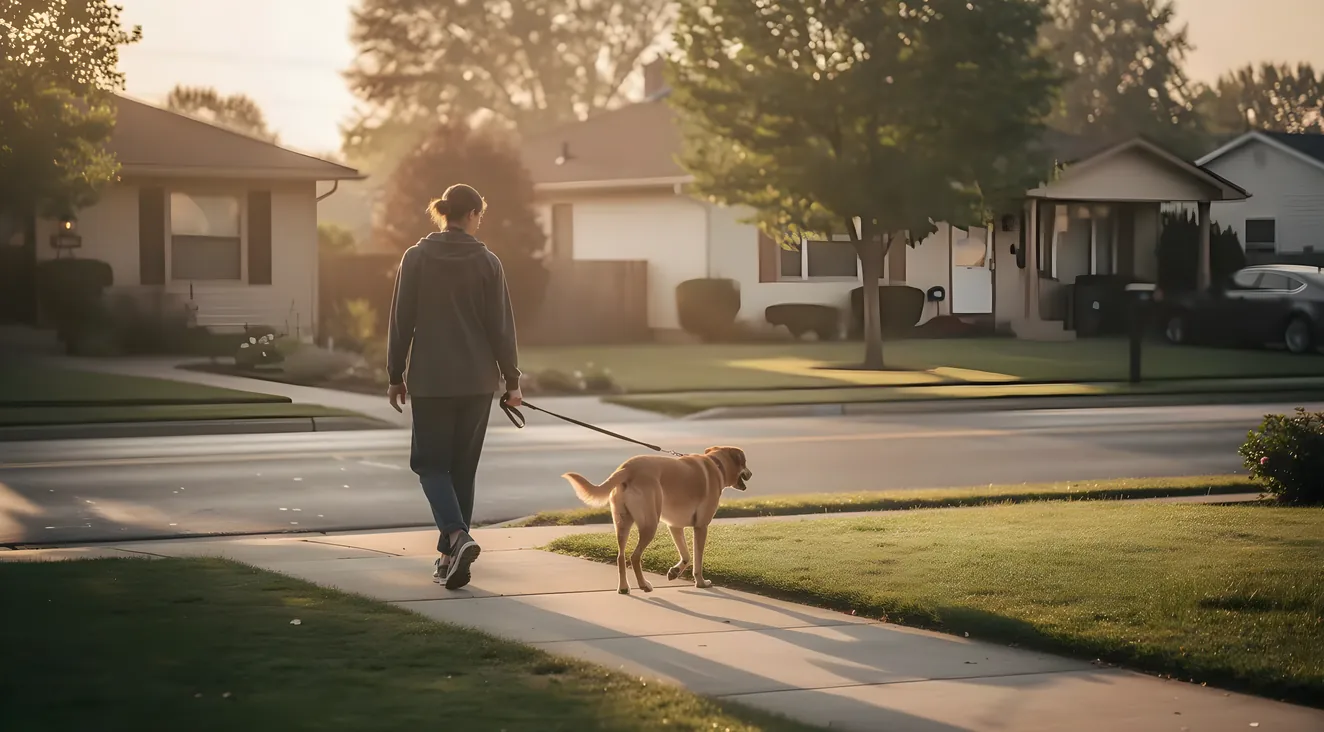 Single dog and walker on a peaceful morning walk